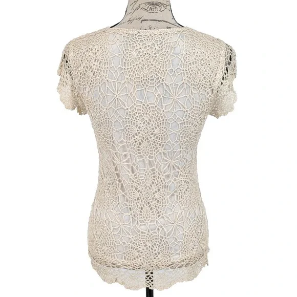 Y2K Formal Fairy Core Tunic/Dress Sm Goldish Cream Crochet Overlay Victorian - Picture 4 of 12